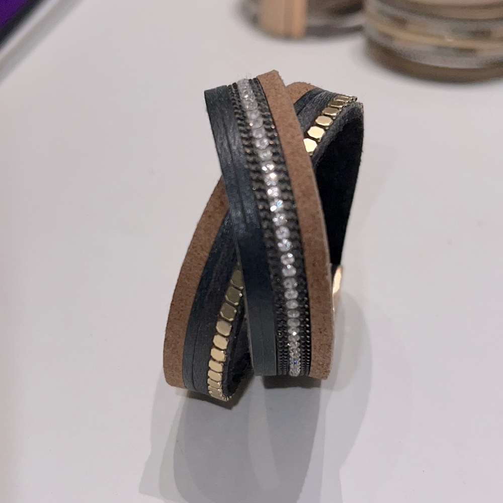 Leather wrap bracelet navy blue, gold, silver, brown Francesca’s